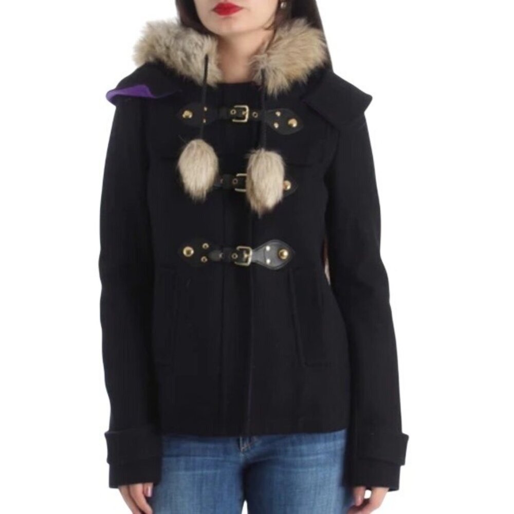 VTG Juicy Couture Black Wool Blend Faux Fur Trim Hooded Toggle Coat| Y2K Mobwife - Picture 14 of 16